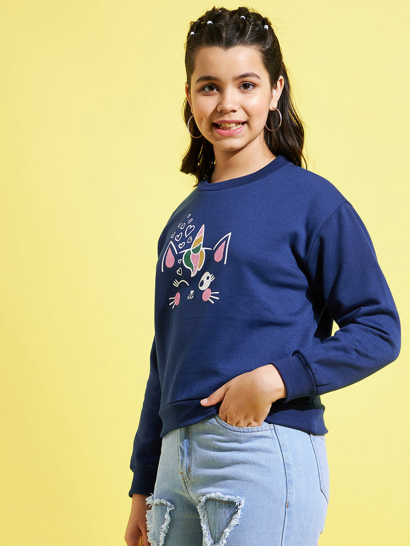 Girls Blue Fleece Glitter Print Sweatshirt
