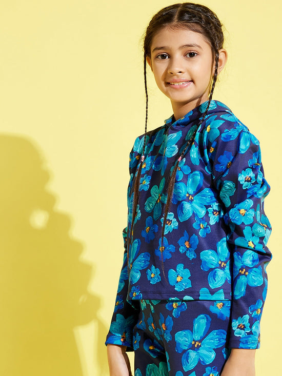 Girls Navy Floral Scuba Full Sleeve Crop Hoodie