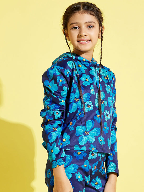 Girls Navy Floral Scuba Full Sleeve Crop Hoodie