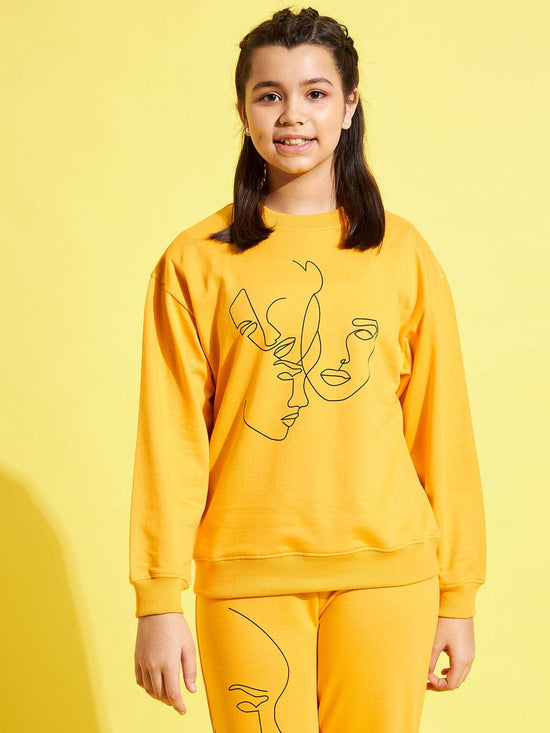 Girls Yellow Terry Face Print Drop Shoulder Sweatshirt