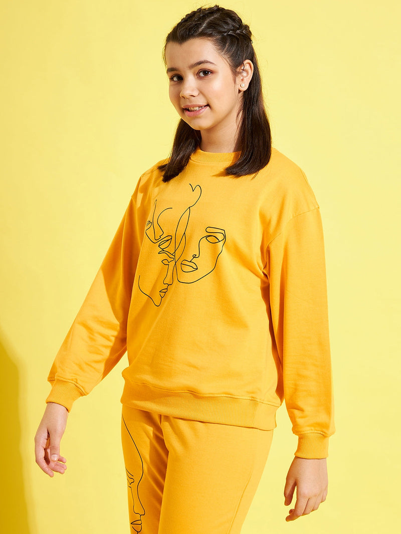 Girls Yellow Terry Face Print Drop Shoulder Sweatshirt