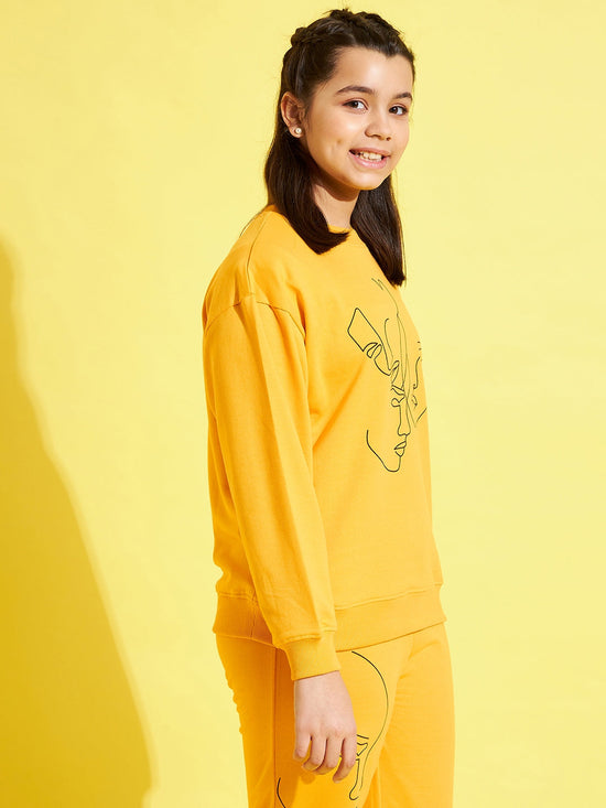 Girls Yellow Terry Face Print Drop Shoulder Sweatshirt