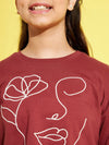 Girls Rust Terry Face Embroidery Crop Sweatshirt
