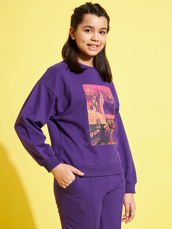 Girls Purple Terry LONDON Drop Shoulder Sweatshirt