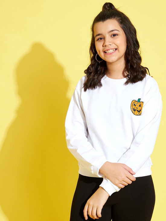 Girls White Terry Pumpkin Drop Shoulder Sweatshirt