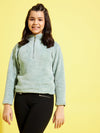 Girls Sea Green Fur Front Zipper Sweatshirt