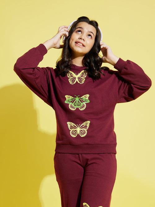 Girls Maroon Terry Butterfly Oversize Sweatshirt