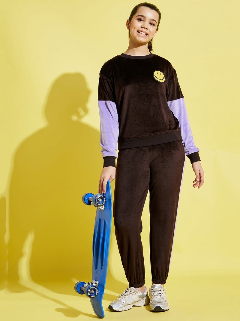 Girls Brown & Lavender Velour Drop Shoulder Oversize Sweatshirt