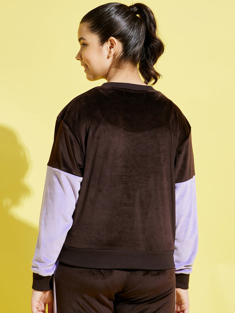 Girls Brown & Lavender Velour Drop Shoulder Oversize Sweatshirt