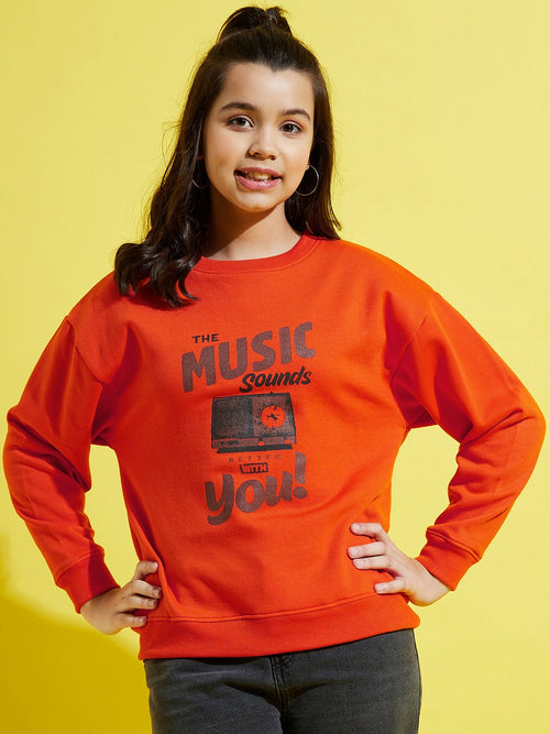 Girls Orange Fleece Music Print Oversize Sweatshirt