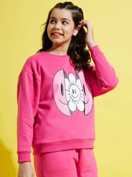 Girls Pink Fleece Flower Print Oversize Sweatshirt