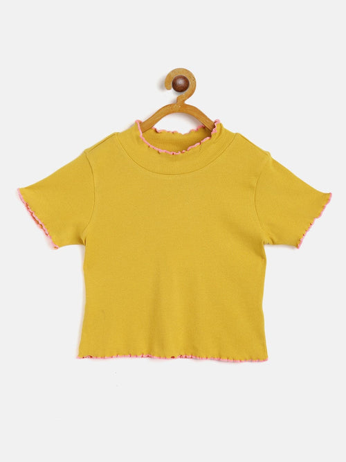 Girls Mustard High Neck Rib Crop Top