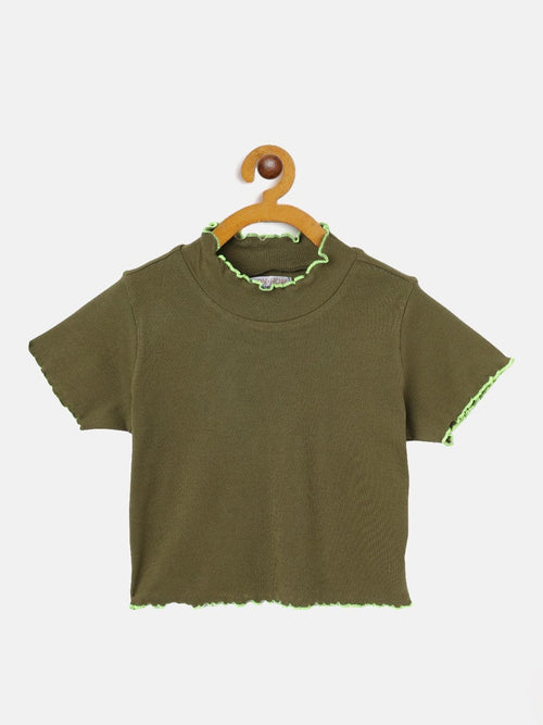 Girls Olive High Neck Rib Crop Top