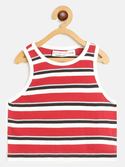 Girls Red Multicolor Stripes Sleeveless Crop Rib Top