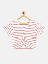 Girls White & Red Pinstripes Rouched Front Crop Rib Top