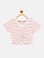 Girls White & Red Pinstripes Rouched Front Crop Rib Top