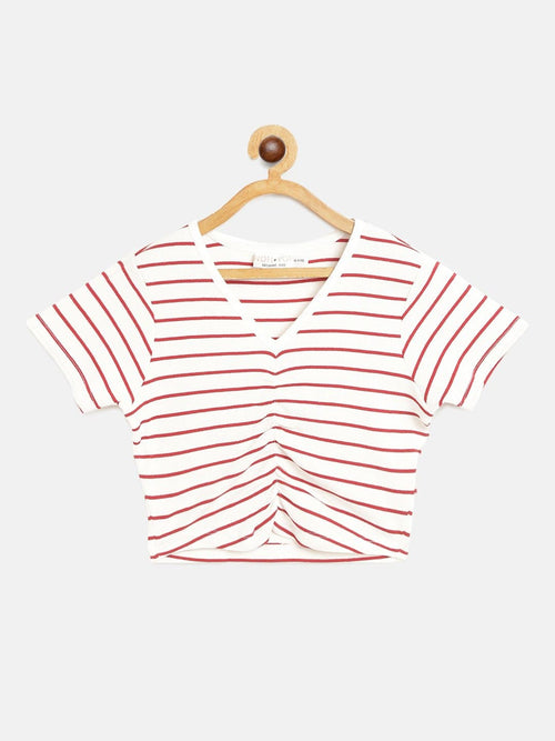 Girls White & Red Pinstripes Rouched Front Crop Rib Top