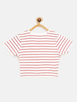 Girls White & Red Pinstripes Rouched Front Crop Rib Top