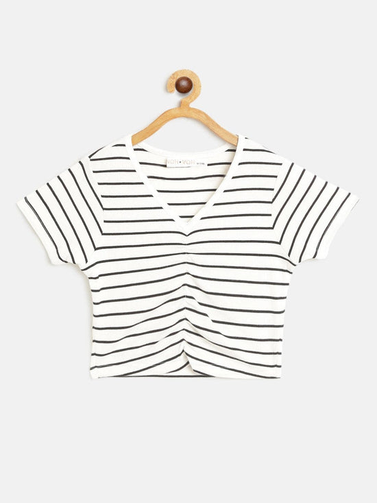 Girls White & Black Pinstripes Rouched Front Crop Rib Top