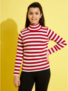 Girls Red & White Stripes Full Sleeve High Neck Rib Top
