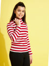 Girls Red & White Stripes Full Sleeve High Neck Rib Top