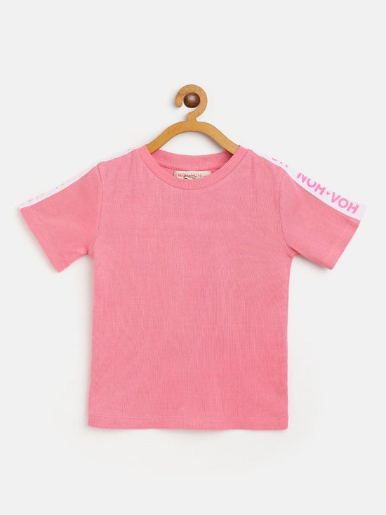 Girls Pink Rib Brand Tape Half Sleeve Top