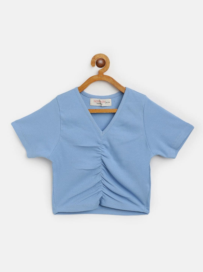 Girls Blue Rib Rouched Front Crop Top