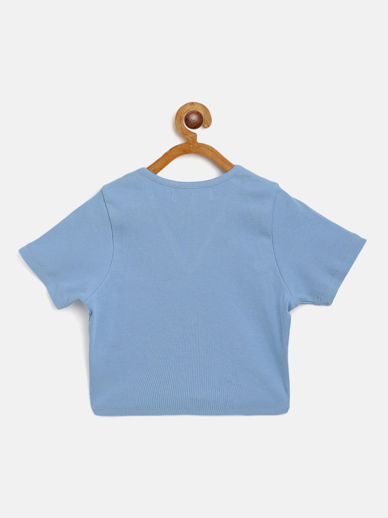 Girls Blue Rib Rouched Front Crop Top