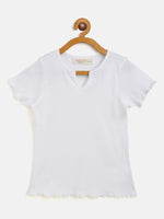 Girls White Rib V-Neck Top