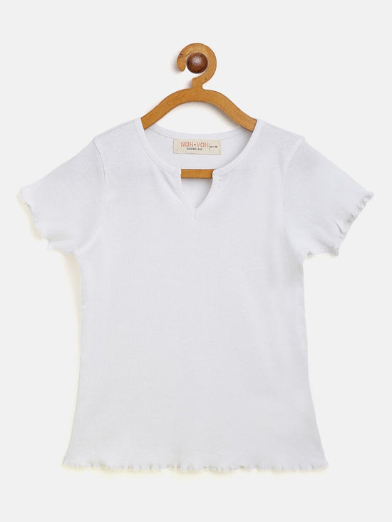 Girls White Rib V-Neck Top