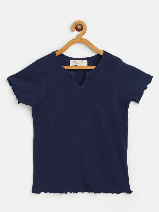 Girls Navy Rib V-Neck Top