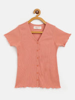 Girls Coral Rib Front Button V-Neck Top