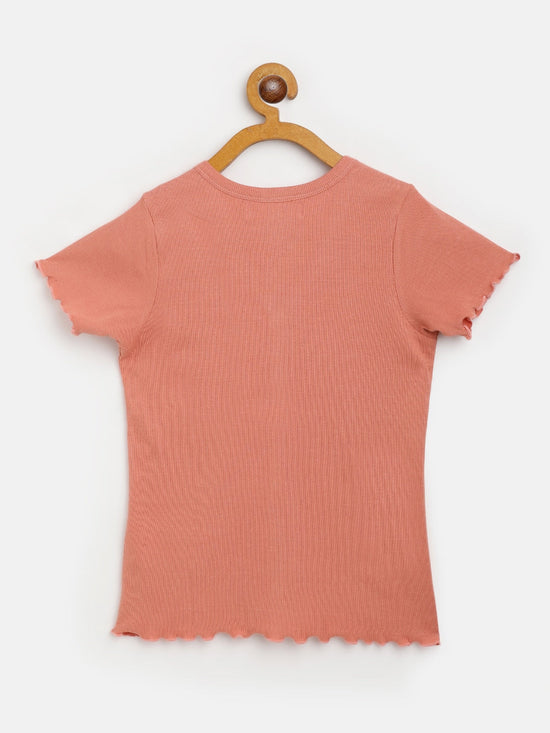 Girls Coral Rib Front Button V-Neck Top