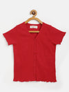 Girls Red Rib Front Button V-Neck Top