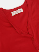 Girls Red Rib Front Button V-Neck Top