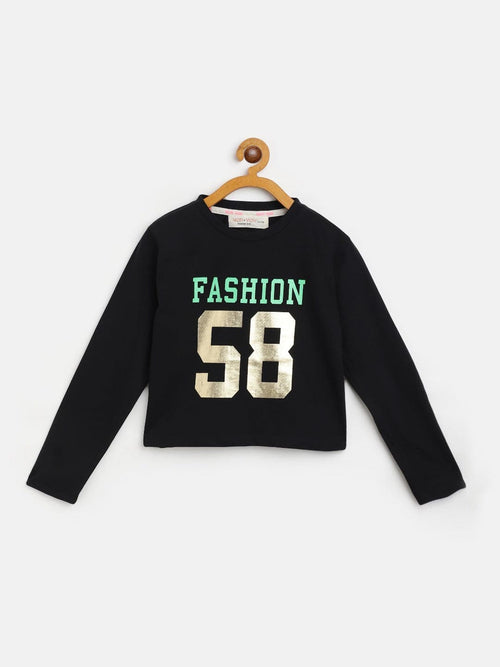 Girls Black FASHION 58 Full Sleeve Crop T-Shirt