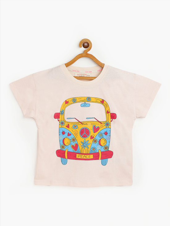 Girls Cream Bus Print Regular T-Shirt