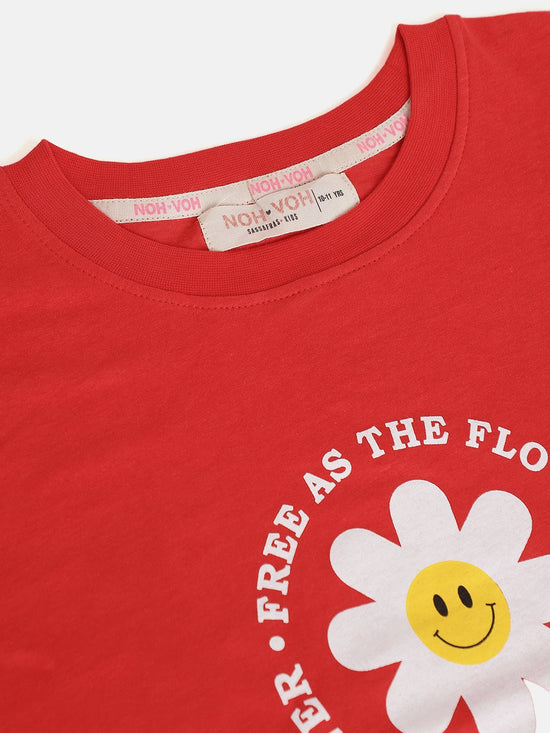 Girls Red Free-As-The-Flowers Regular T-Shirt