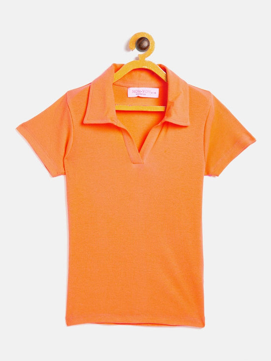 Girls Orange Polo Neck Rib Top