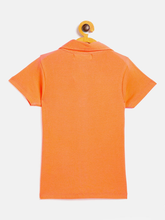 Girls Orange Polo Neck Rib Top