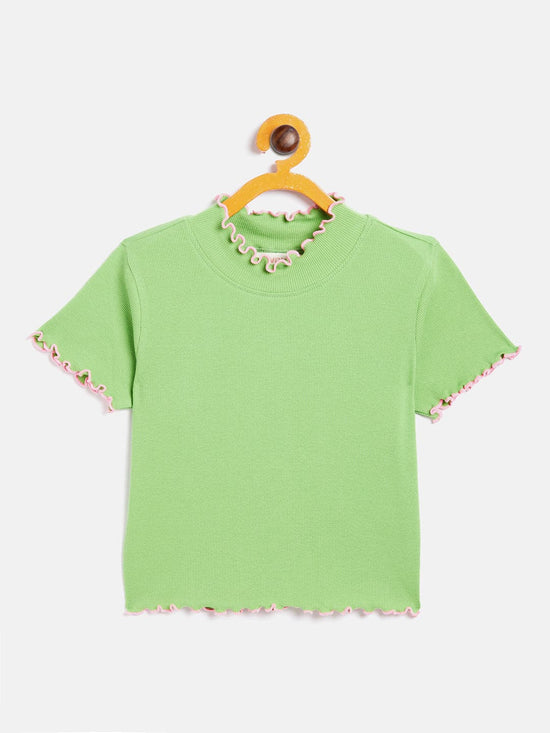 Girls Green High Neck Rib Crop Top