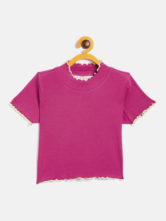 Girls Magenta High Neck Rib Crop Top