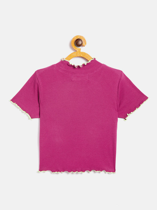 Girls Magenta High Neck Rib Crop Top