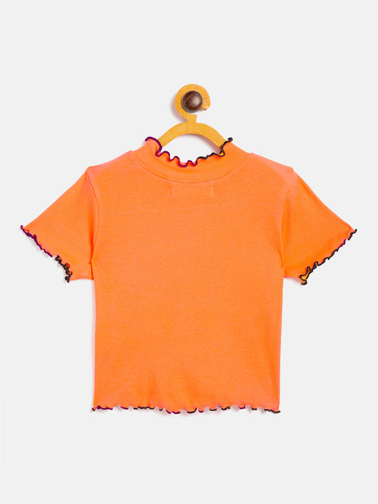 Girls Orange High Neck Rib Crop Top