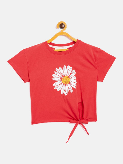 Girls Red Flower Print Tie-Knot Crop T-Shirt