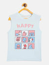 Girls Blue Happy Print Sleeveless T-Shirt