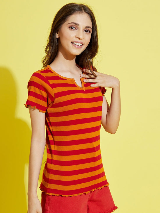 Girls Maroon & Mustard Stripes Rib V-Neck Top