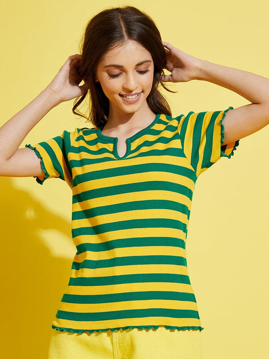 Girls Green & Yellow Stripes Rib V-Neck Top