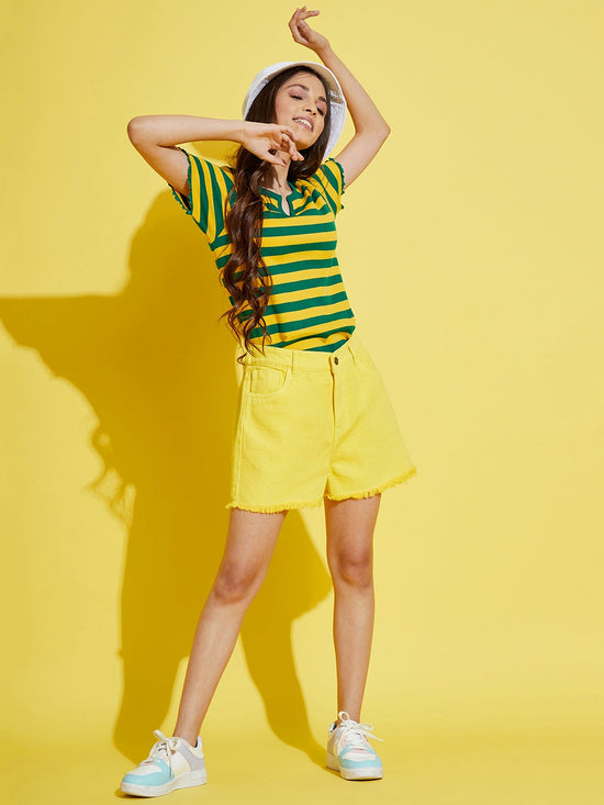 Girls Green & Yellow Stripes Rib V-Neck Top