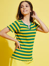 Girls Green & Yellow Stripes Rib V-Neck Top